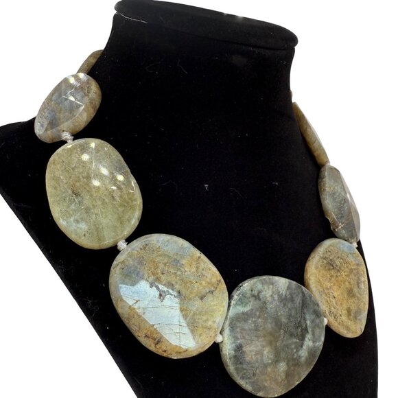 Chunky Labradorite Statement Necklace Polished Iridescent Stone Jewelry Boho 925 - Picture 5 of 16